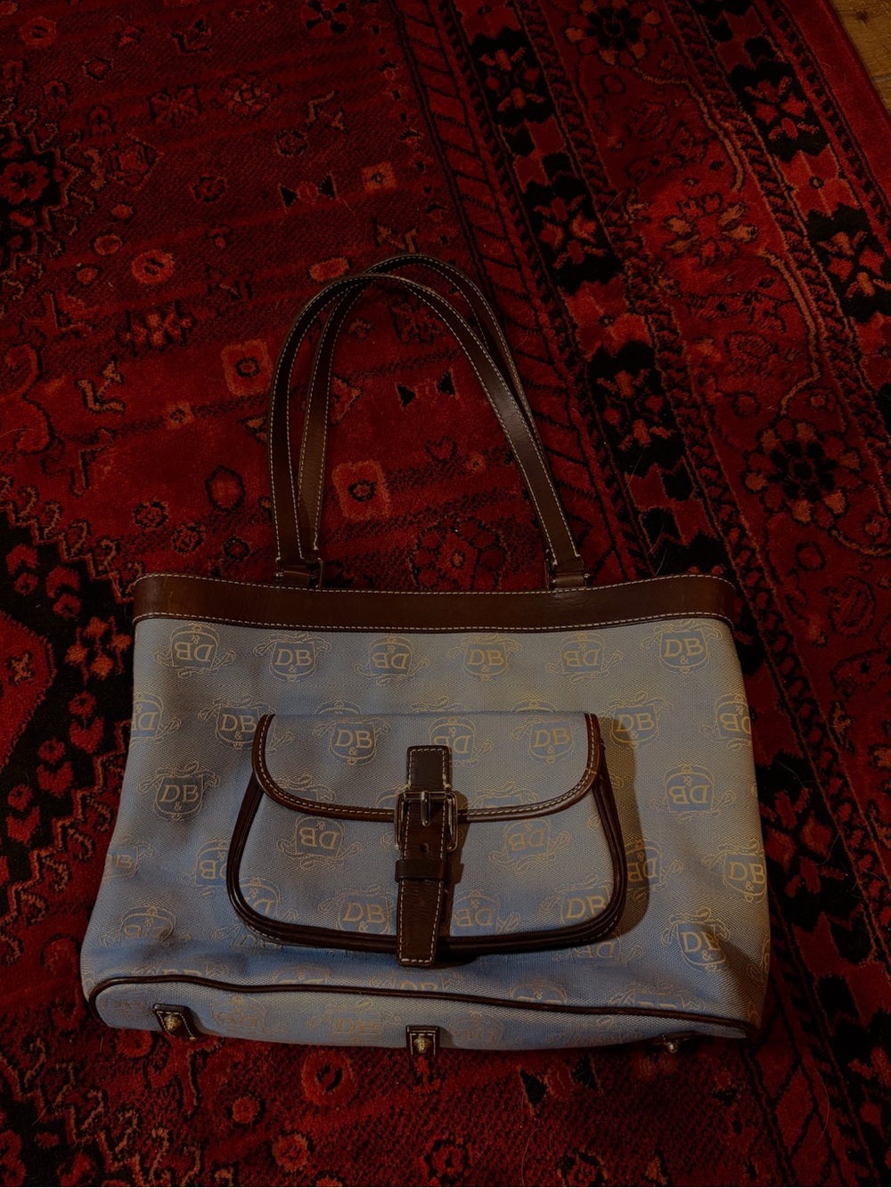 Dooney & Bourke Light Blue Logo Tote with Brown Trim
